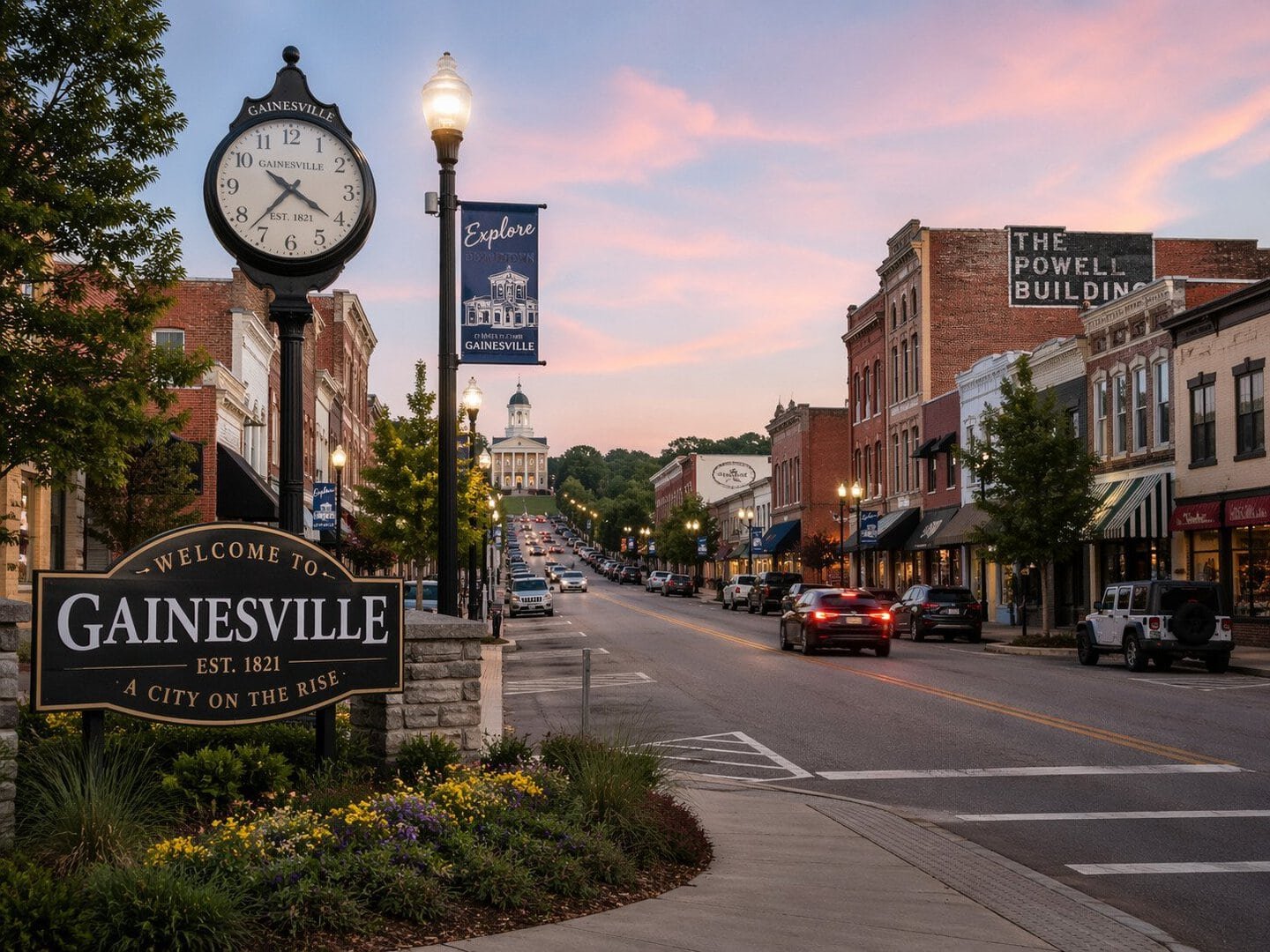 Gainesville, GA city street with historic buildings and clock tower at dusk.