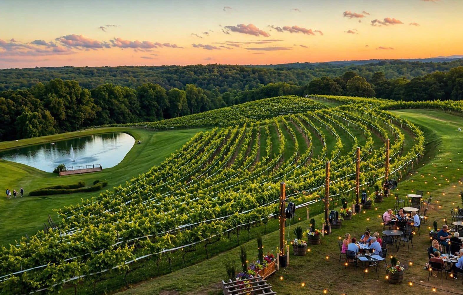 Scenic vineyard in Dahlonega, GA with outdoor dining area at sunset.