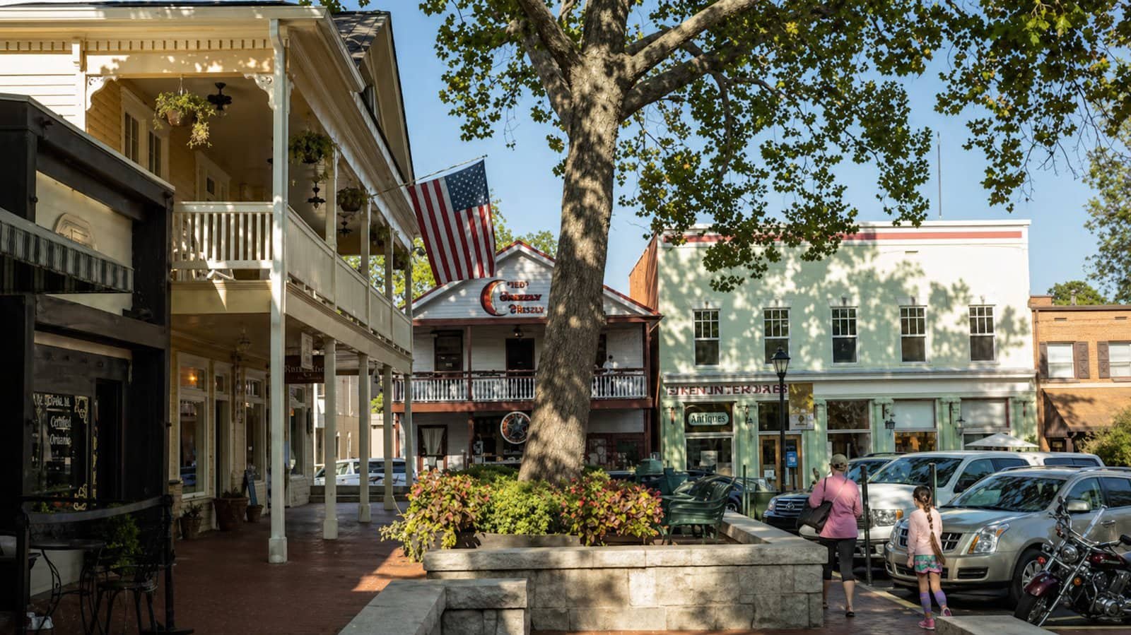 Historic downtown Cleveland, GA with charming shops and security features.