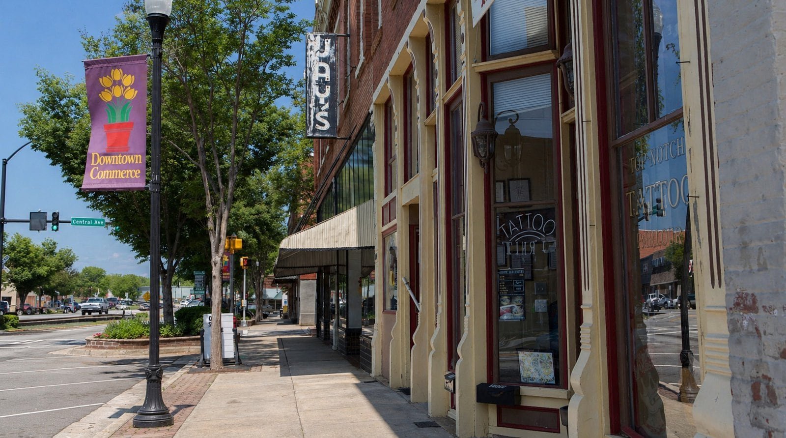Commerce, GA storefronts with shops and street view in downtown area.