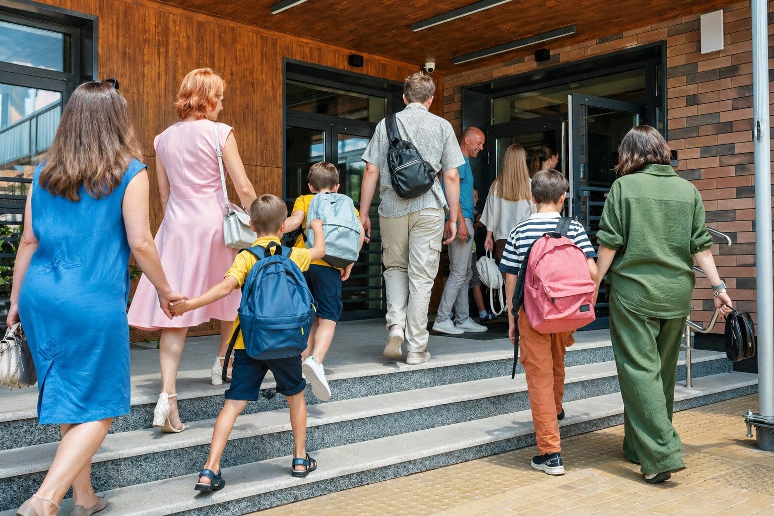 School entrance with children and adults entering the building.