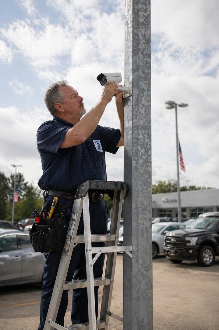 Security camera being installed on a pole at a car dealership.