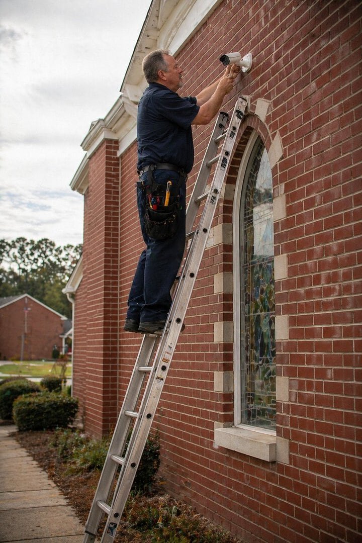 Security camera being installed on church brick wall for surveillance.