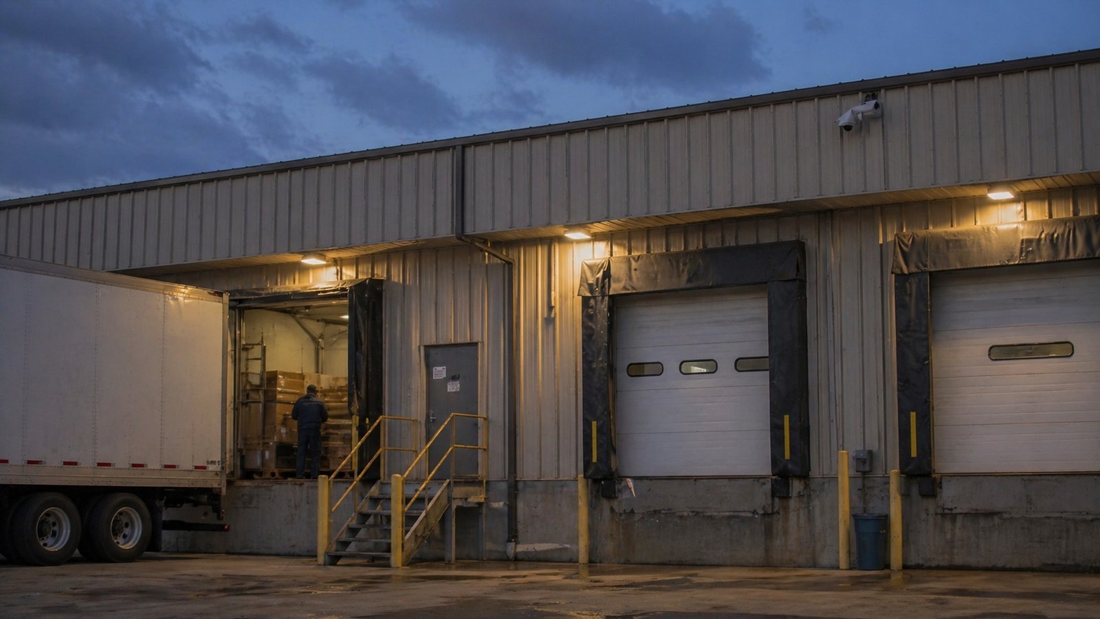 Secure warehouse loading dock with security measures in place.