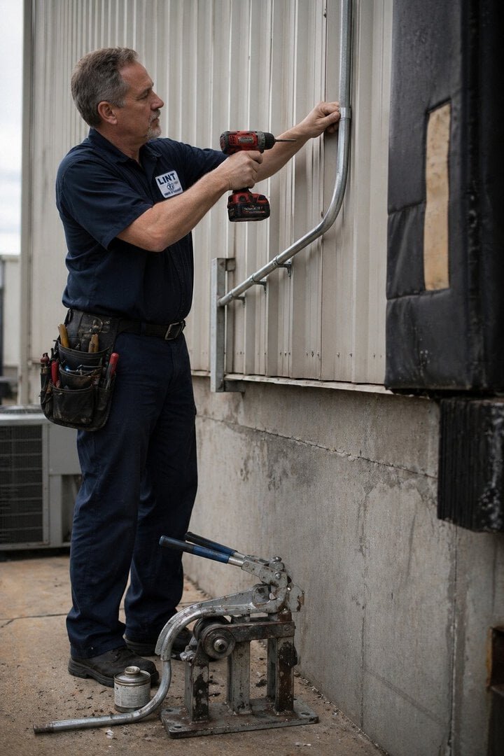 Electrical conduit installation for warehouse security and infrastructure.
