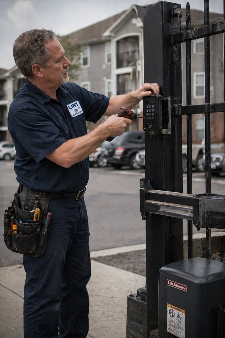 Security technician installing access control system at apartment complex.