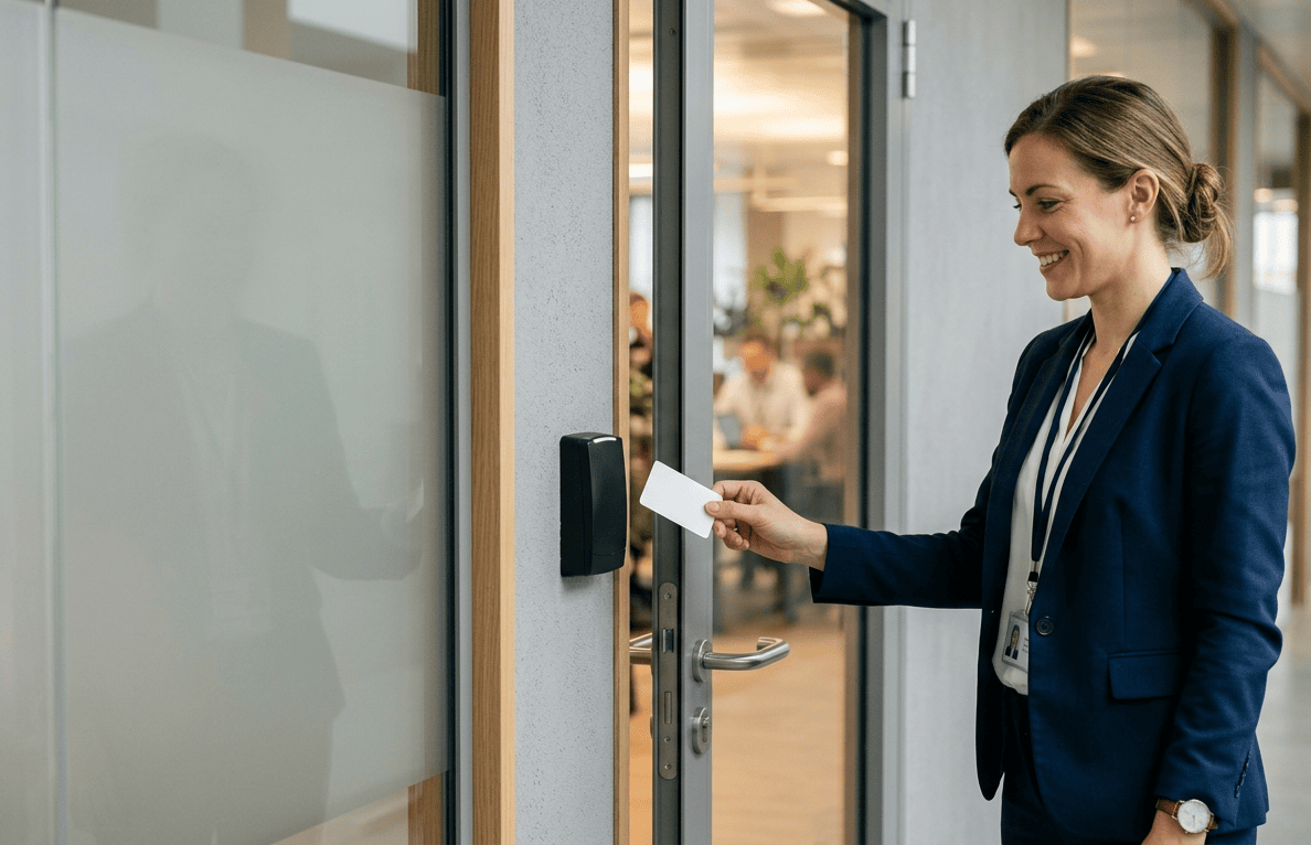 Secure access control system with a key card reader at office door.
