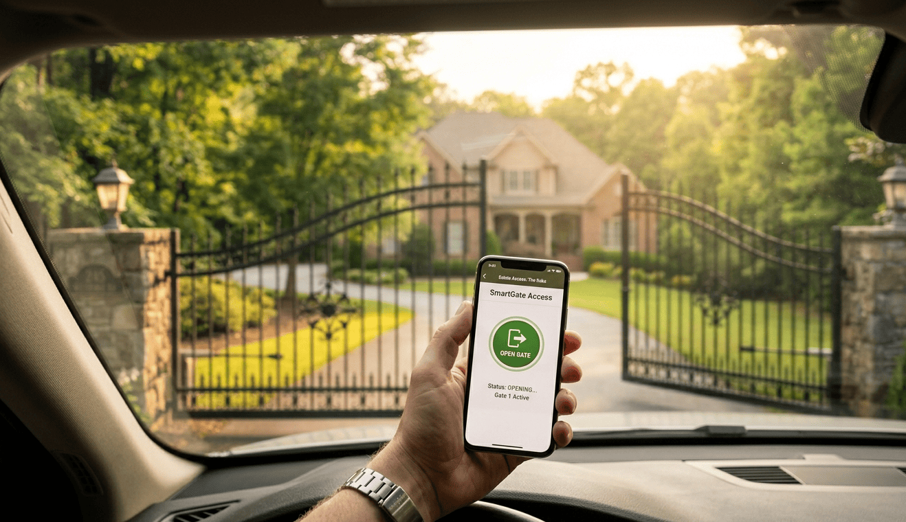 Smartphone controlling gate access with security app at residential entrance.