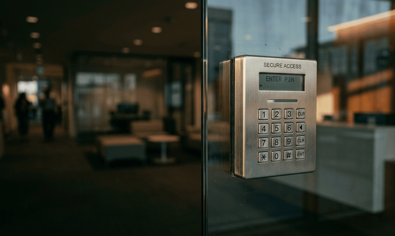 Electronic access control keypad for secure building entry.