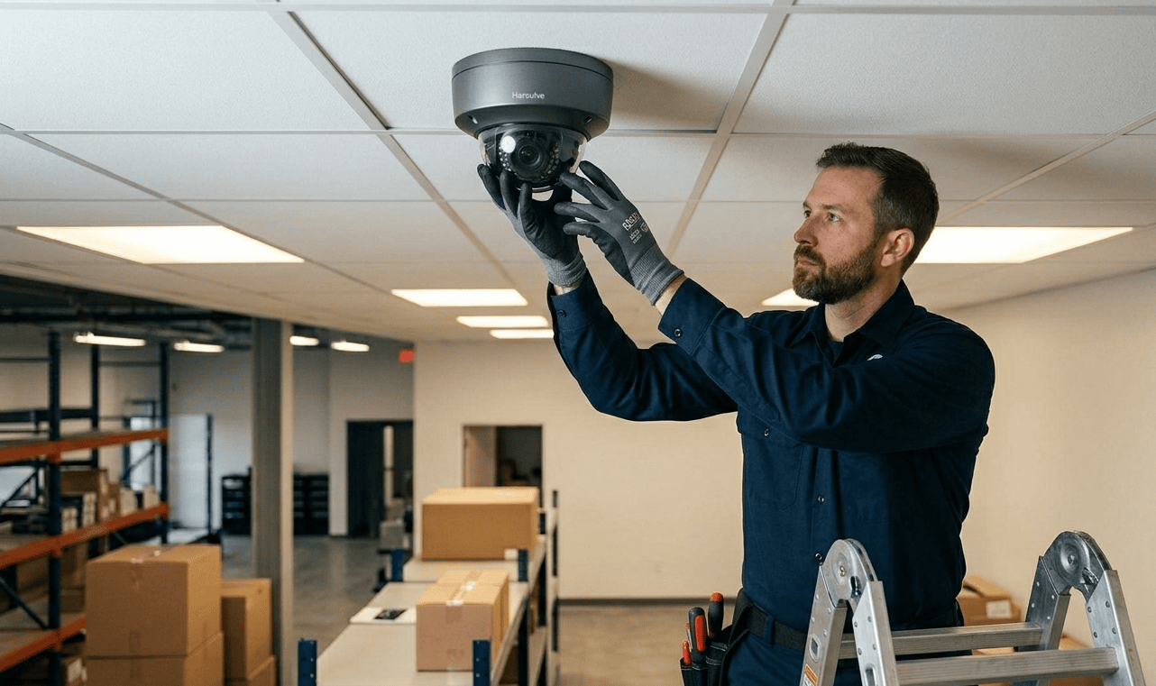 Professional security camera setup in a warehouse environment.