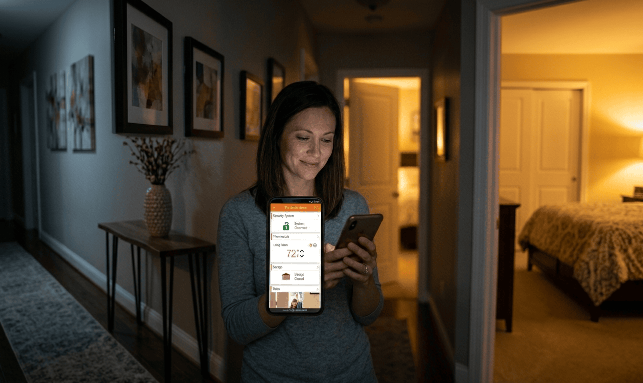Woman checking security app on smartphone in home interior.