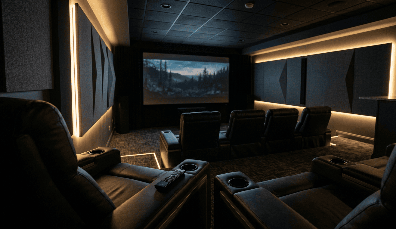 Modern home theater with fire and smoke alarms for safety and security.