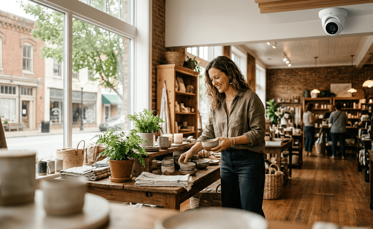 Woman working with pottery in a retail store for retail security.