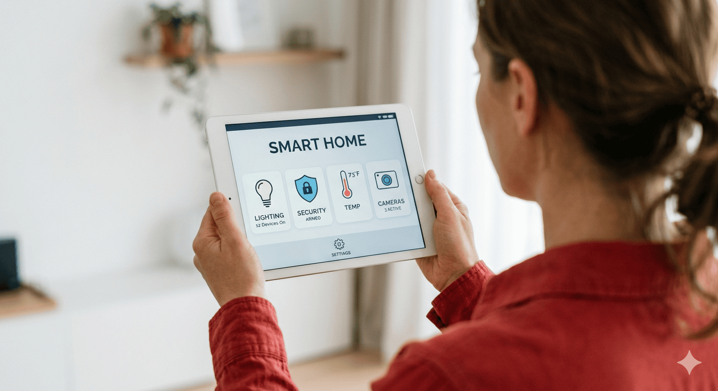 Woman using a smart home security control panel on a tablet.