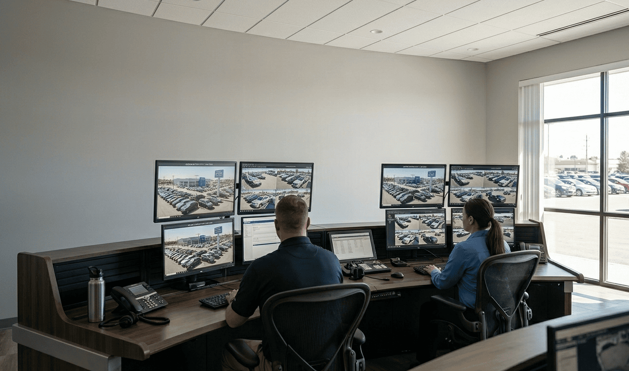 Security monitoring room with multiple screens displaying surveillance feeds.