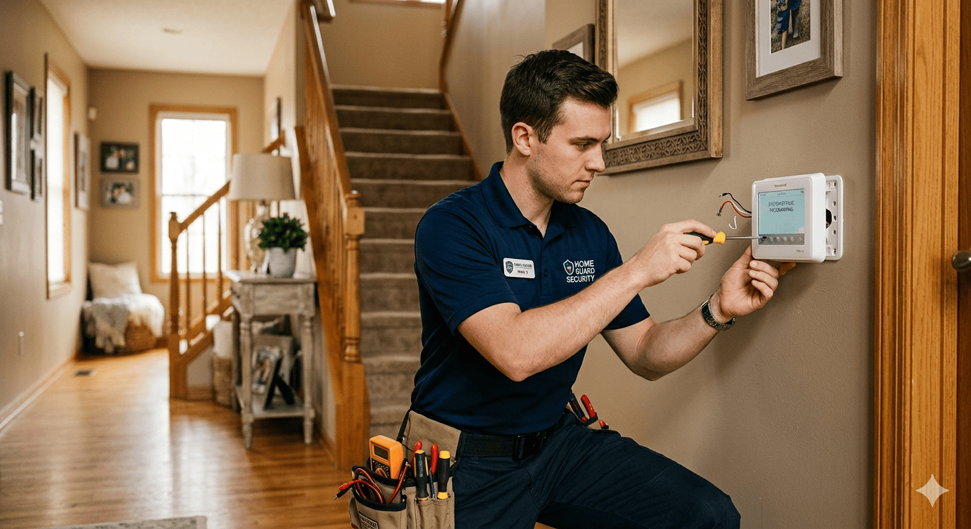 Security technician installing a smart home security system at a residence.