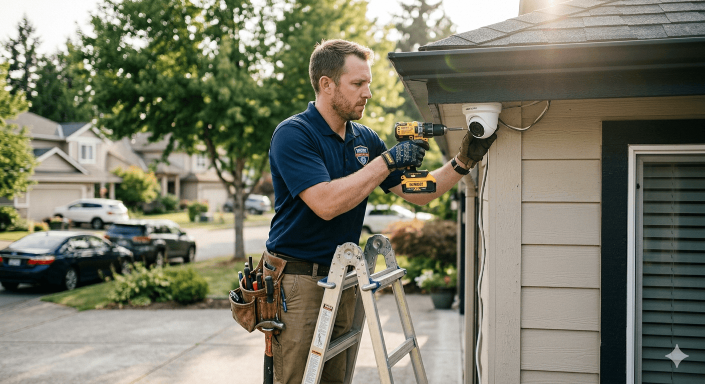 Security camera being installed on a house exterior for enhanced safety and surveillance.