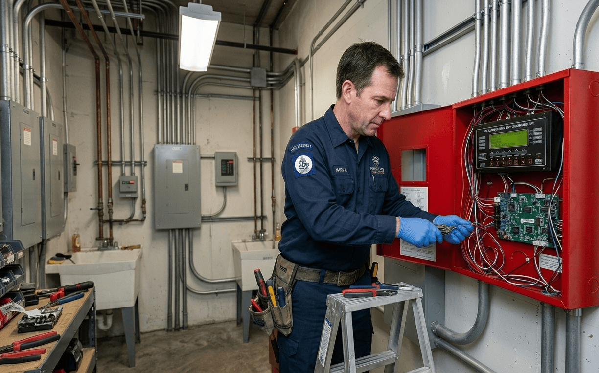 Technician inspecting fire alarm control panel in a commercial setting.