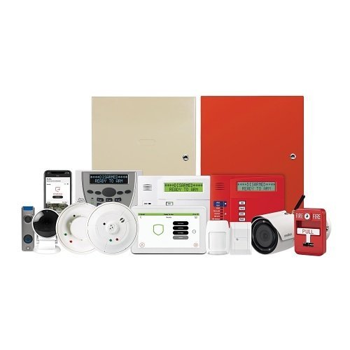 Fire alarm system with smoke detectors, control panels, and alarm devices.