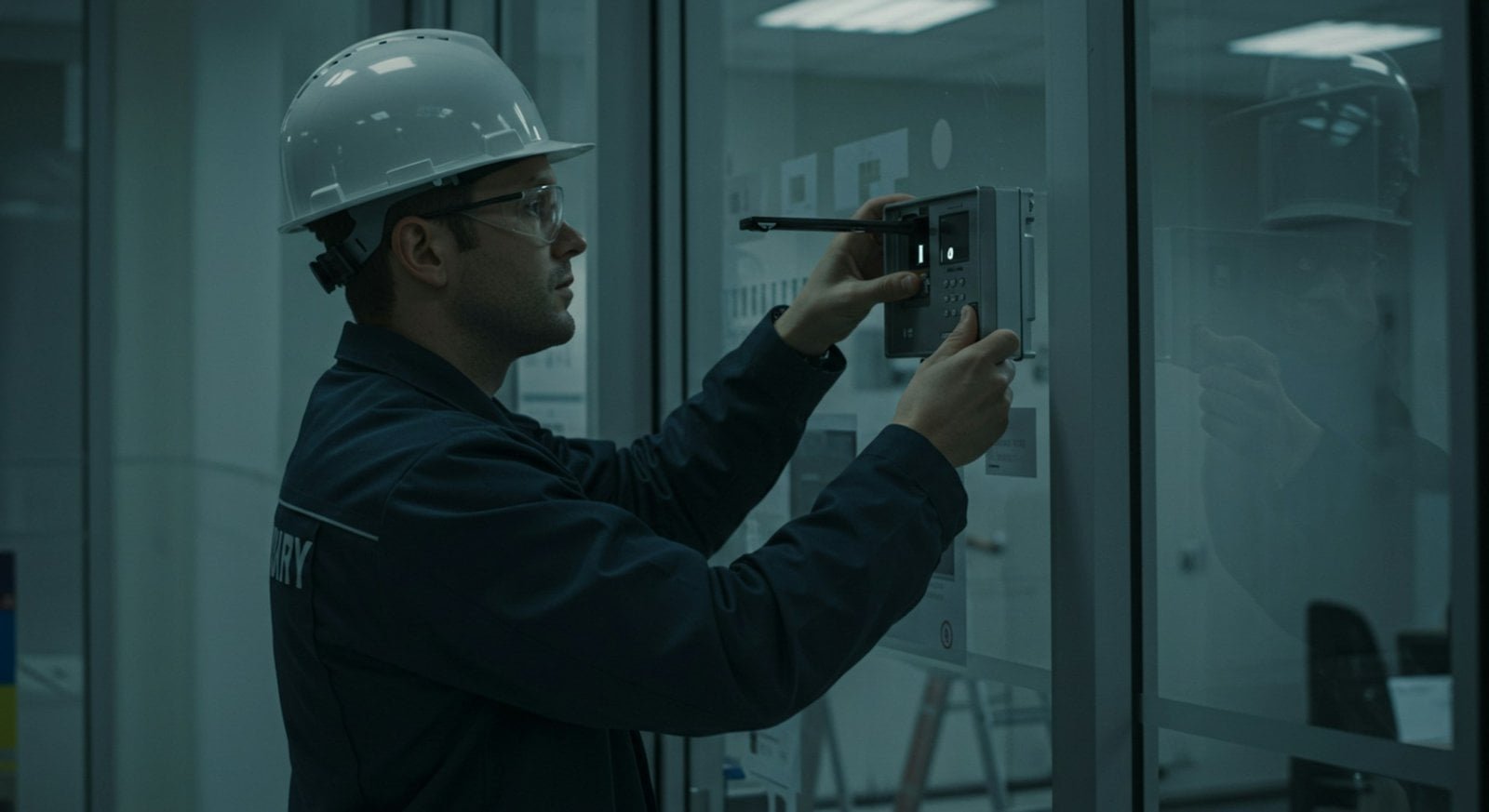 Technician setting up security network equipment in a server room.