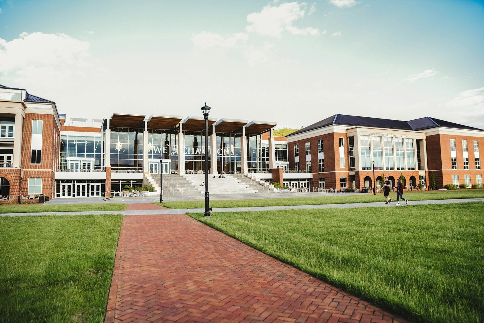 School campus with modern architecture and green lawns for student activities.