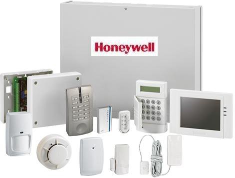 Security systems with Honeywell alarm components and control panels.