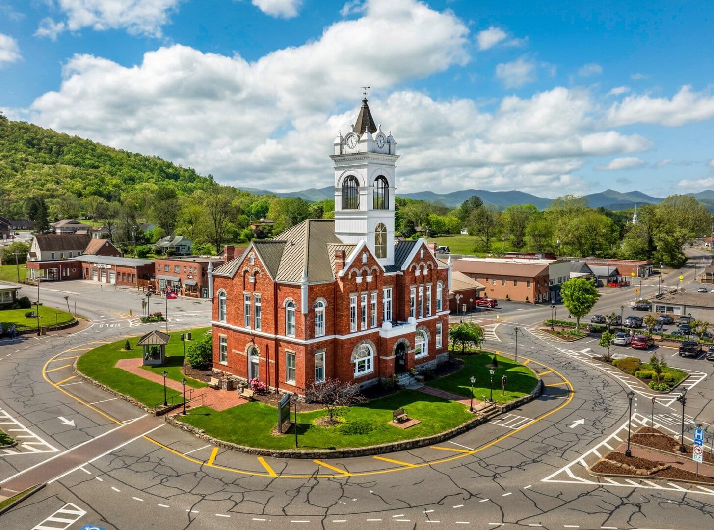 Historic courthouse in Blairsville, GA with scenic mountain views.