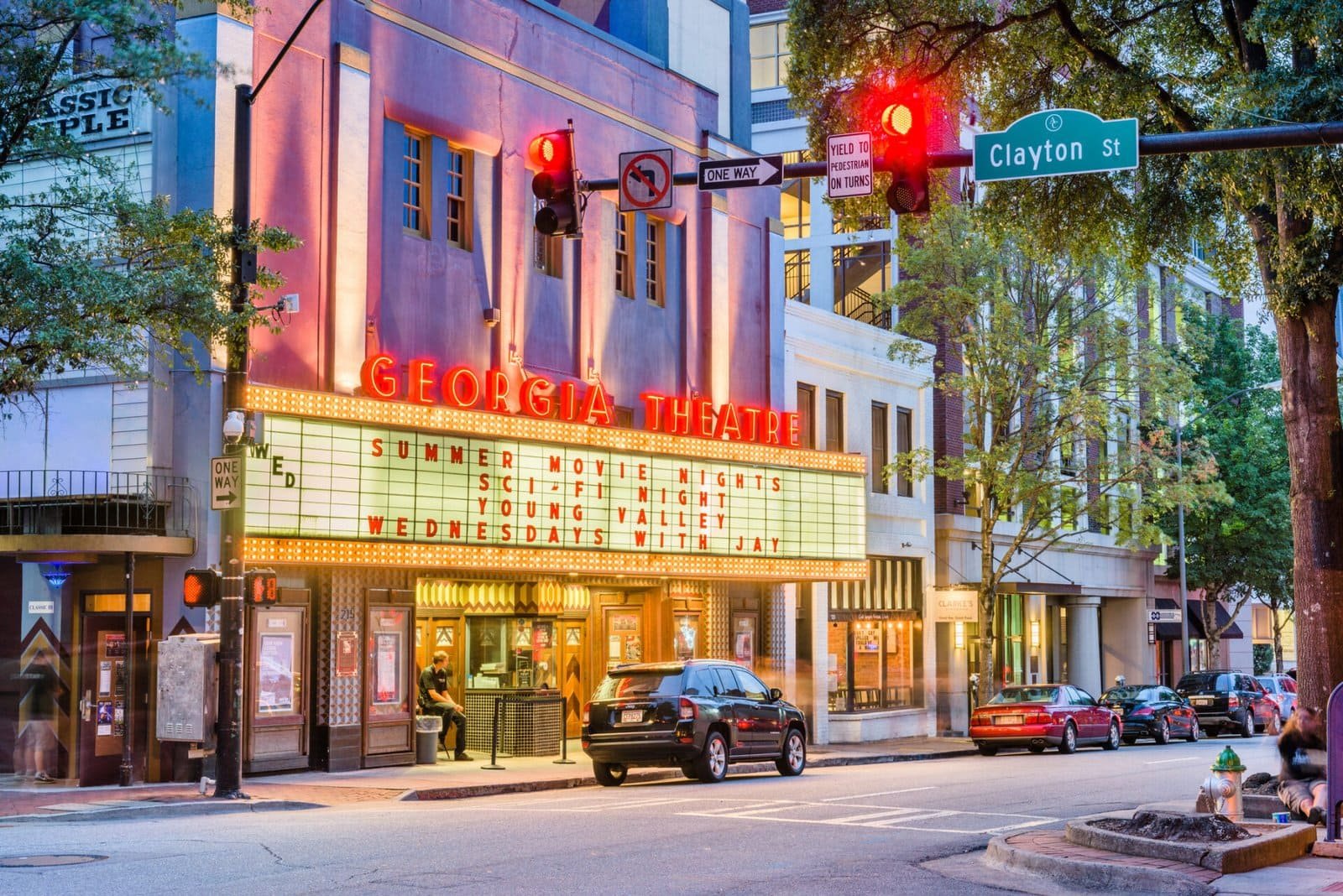 Georgia Theatre, Athens GA - Iconic historic movie theater with vibrant neon lights in downtown Athe.