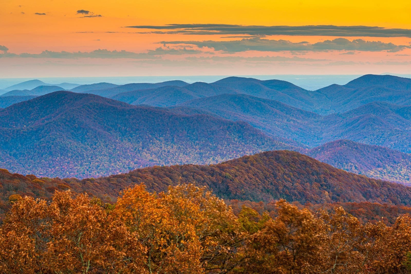Scenic view of Blue Ridge Mountains during sunset in Georgia.