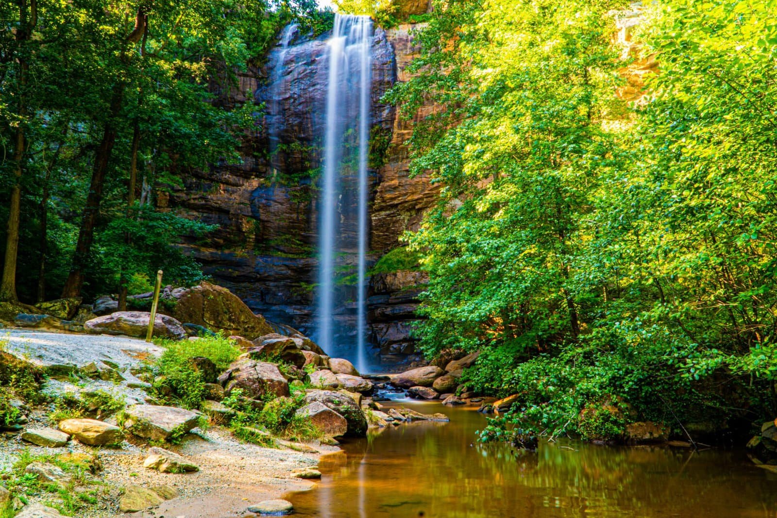 Waterfall in Toccoa, GA surrounded by lush green trees.