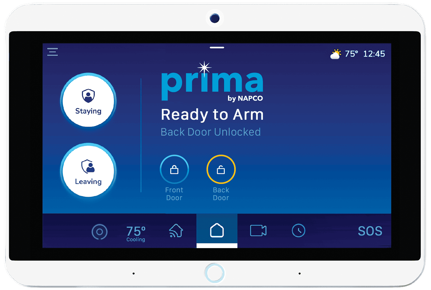 Security system touchscreen display for home security and alarm management.