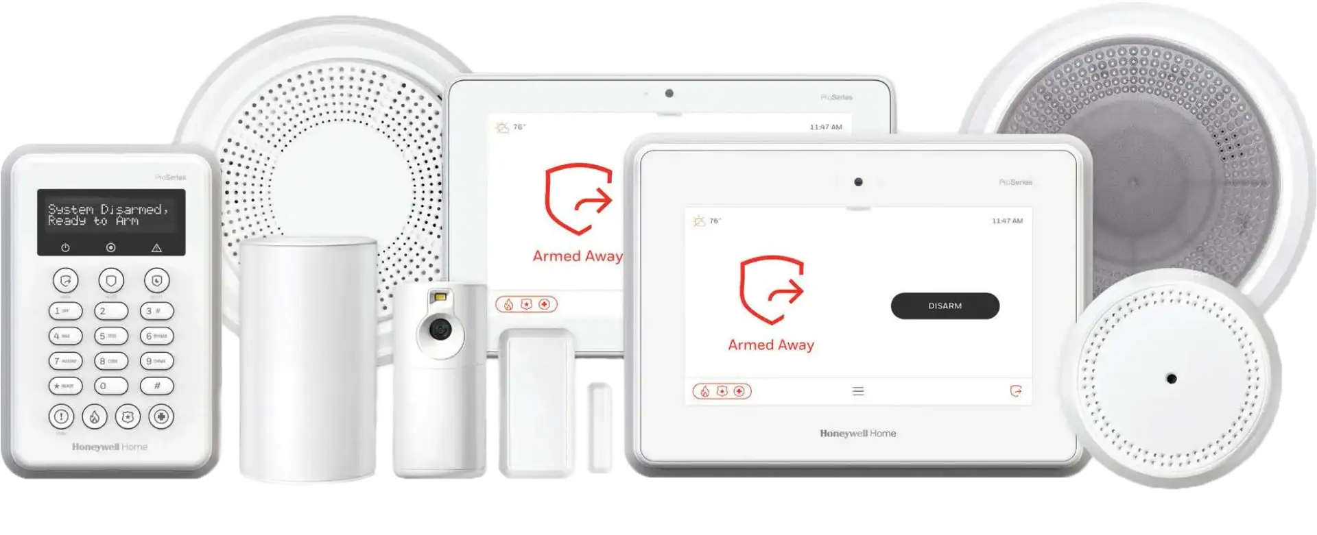 Modern security system devices including alarms, sensors, and control panels for Opti security.